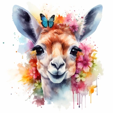 Illustrate a high-focus watercolor clipart of a cute llama's face, zoomed in to showcase its endearing features, with a beautiful butterfly resting on its nose, creating a captivating and very high-quality ultra HD image. The watercolor llama clipart must be on white solifd background