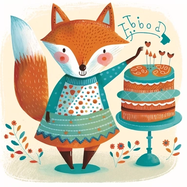clipart, beautiful smiling,Fox,wear beautiful apron, with cake, Usborne and Eric Carle,
