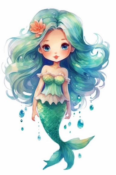 style of pixar and kawaii, mermaid, bright colors, watercolor, cute design, clipart
