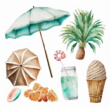 watercolor beach items clipart, white background,