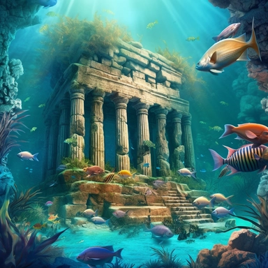 realistic clipart of enchanted underwater coral reef with ancient greek temple ruins tropical fishes within, digital painting