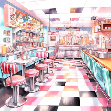 A retro-style diner with chrome accents and neon signs, where people savor delicious milkshakes and classic diner fare, american style, watercolor, clipart