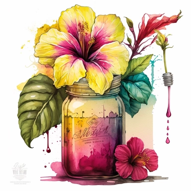 [6336272834] Watercolor clipart. A mesmerizing watercolor artwork portraying the vibrancy of a hibiscus bouquet, the flowers depicted with flowing brushstrokes in hues of cerise, magenta, and lemon yellow, adorning a vintage jar.. White background. No text. No caption. No logo