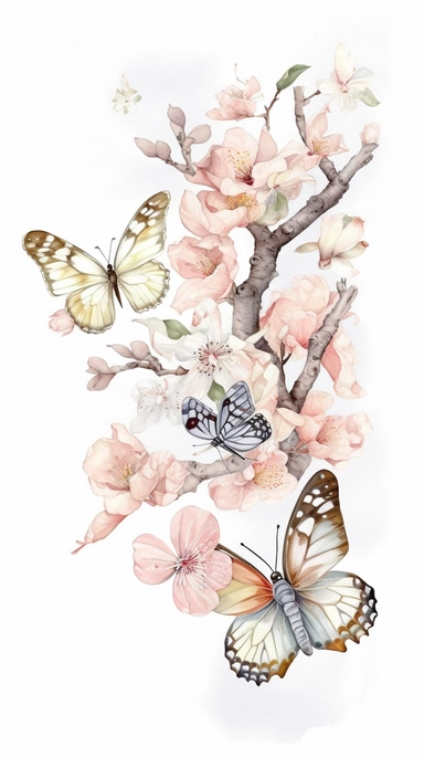 clip art Watercolor art of a cherry blossom branches, butterflies, with soft pastel hues, illustration in the style of Ayami Kojima and J.C. Leyendecker, pixiv, high quality, highly detailed,on white background