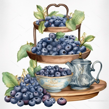 Watercolor blueberries Farmhouse tiered tray, breakfast window , watercolor clipart, details
