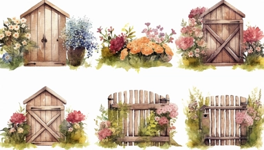 watercolor clipart set illustrations of beautiful intricate country farm wooden gates with flowers on white background
