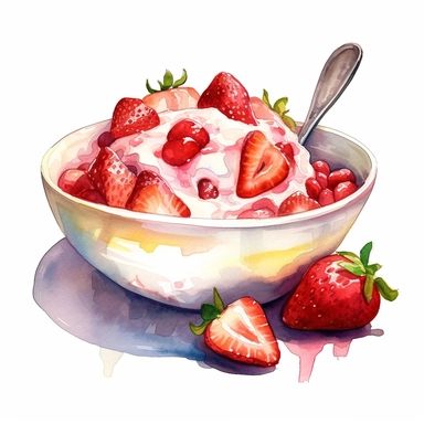 Commercial shot of ultra - realistic watercolor painting of really delicious strawberry breakfast clipart, aesthetic, good looking food, delicious, yummy, foodie, healthy, white background no text, isolated on white, watercolor illustration, award winning, strong and sharp lines