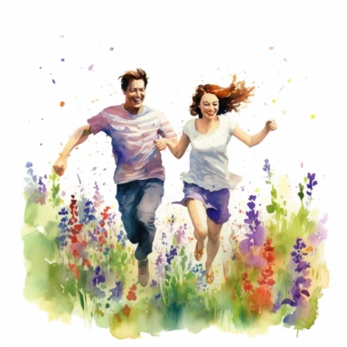 joyful COUPLE, running hand in hand through a field of wildflowers, laughter and pure happiness in their hearts, watercolor, Pixar style, Clipart on a white background