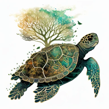 Create a serene and captivating clipart image of a majestic turtle, showcasing its grace and beauty. The artwork should be clean with a focus on the intricate details and soft blending of beautiful colors. The turtle should be depicted in a peaceful and calm manner, radiating a sense of tranquility. The colors chosen should be harmonious and visually pleasing, capturing the essence of the turtle's natural environment. The background should be white or transparent, allowing the turtle to be the m