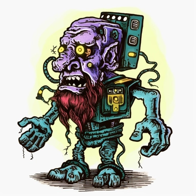 shambling limping dwarven zombie with tesla coils coming out, dark electric aura, Basil Wolverton Josh Kirby Dave Gibbons handpainted enamel punk zine indie retrowave, clipart illustration, solid white background