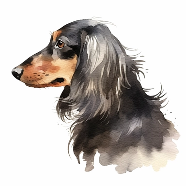 watercolor single clipart of a black and white long haired dachshund seen in profile