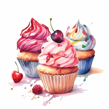 cup cakes with ice cream hd, on white background clipart water colour--ar 3:2