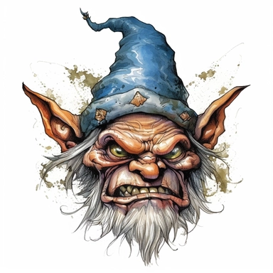 horrific face of an angry lawn gnome demon, watercolor, ultra high-detail, dark outlines, clipart