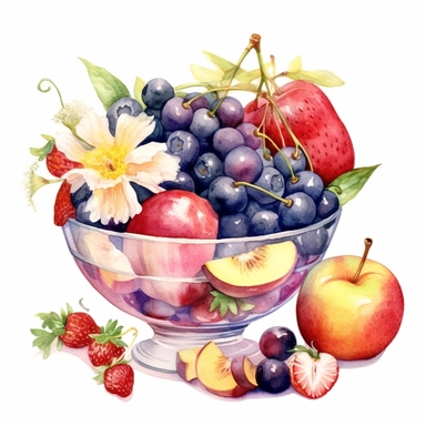 Watercolor style, mixed fruit, flowers, bowl, drinks, food variations, hyper realistic detailed clipart, on a white background