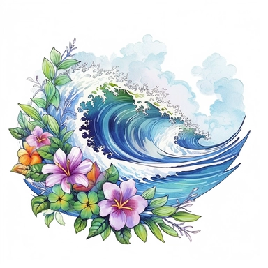 Pastel Cute Beautiful Hawaii Wave Beach Watercolor Sublimation Clipart,Cartoon, hyper realistic, intricate detail, illustration style,high solution,on the white background