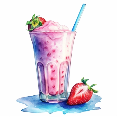 Clipart soft watercolor pastel neon colors without splashed background - strawberry milkshake glass cup with splitted strawberry peaces on top - hard contrast - high details - enough space between each item