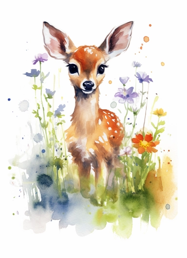 baby deer on a flower field, in the style of 2d game art, nostalgic paintings, 32k uhd, colorful dreamy watercolor scenes, adventure pulp, classical, historical genre scenes, rough-edged 2d animation, watercolor clipart, white background