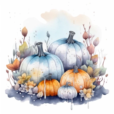 adorable watercolor winter illustration clipart, lotuses and pumpkins under the snow, winter, dark colours, highly detailed, markers copic style, white background