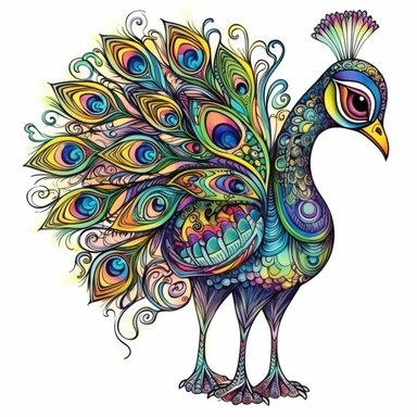 Funny colorful cartoon peacock like a pompon clipart with big beautiful eyes and long beautiful legs, distinct fine details, watercolor technique, black contour lines