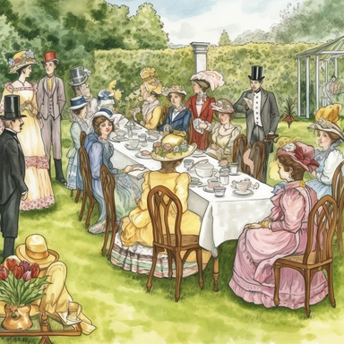 watercolor style, old cartoon drawing style, a beautiful British tea party outside on a long wooden table with chairs with teacups in saucers, serving plates, finger foods on platters on tiers, women in fancy Victorian dresses, men in fancy suits, ties, and fabulous hats, playing croquet on the lawn, clipart, digital art, illustration