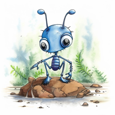 a humanoid looking Ant in water colour in the style of clip art, with big blue eyes working hard, with humanoid features in the forest near his ant hill, ants in the background
