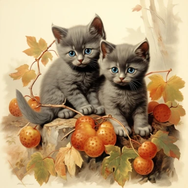 autumn themed russian blue kittens, vintage clip art