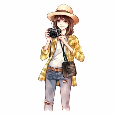 Cute adventurest female photographer with a camera, Cute and sunny outfit, Watercolor style, clipart solid white background