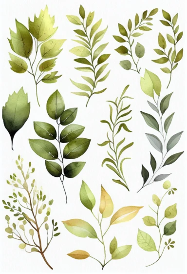 Watercolor clipart set with white background, branch cute leaves, cute and adorable, flat design, clearly defined separated image, light olive green color, high quality