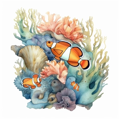 watercolor clown fish and sea anemones, shades of coral turquoise yellow and blue, glamorous, very detailed and realistic, white background with margins, clipart style