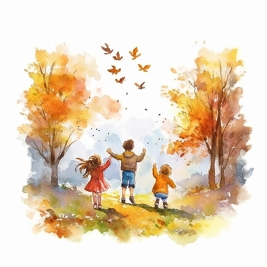 watercolor style, realistic autumn scenery, kids throwing leaves under the autumn tree, kids close up, clipart, isolated on white background, 4K