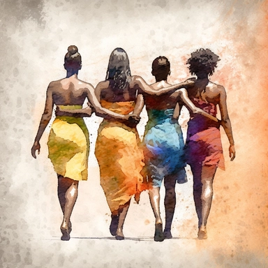 four African American women looking with back to camera holding hands in unity clip art painting style