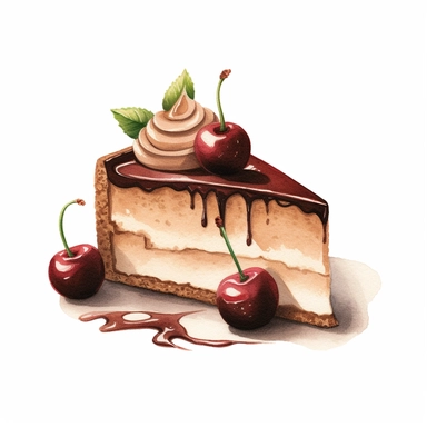 This highly detailed watercolor clipart features a decadent, full chocolate cheesecake adorned with succulent cherries, set against a pristine white background. The artwork showcases the intricacy of the dessert, capturing the richness of the chocolate and the velvety texture of the cheesecake. The graham cracker crust is meticulously painted, providing a sturdy and delicious base. Plump cherries are artfully arranged on top, their deep red color and glossy sheen adding a pop of vibrancy. Agains