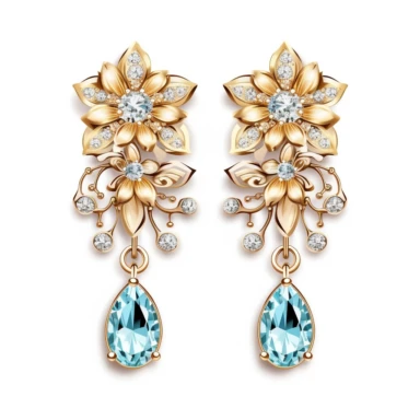 jewellery gold earrings with diamonds, flowers digital clipart on white background