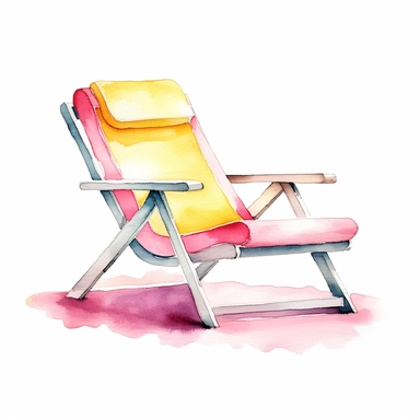 basic watercolor pink pool lounger with yellow accent in minimal hand drawn style, Etsy, textured, clipart, white background