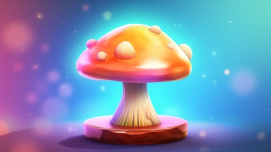 a cartoon illustration of a mushroom themed pedestal base on a colorful nature background, spotlights pointing at it, clipart, rendering, bokeh, rounded shapes, fairy core