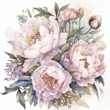 a bouquet with a few peonies clipart with white background, unimaginable beauty,white with little pink details in the centre of the bloom,An illustration clipart painted by ann buccarelli, watercolour, combo pale colours, insanely detailed, on white background, amazing colour combo, with detailed watercolor bloom, white/ yellow pale/ green, bec winnel, intricately textured, close up, walter Langley, lucy grossmith, heavy impasto technique, detailed shading, atmospheric watercolours, on white bac