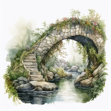 watercolor, hyper realistic, white background, white margins, 16k, ultra detailed clipart, cut out image, hand-drawn an enchanted bridge with a moss-covered stone archway and delicate flowers growing along the edges of the bridge.