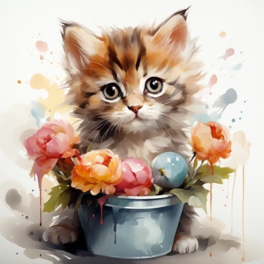 Paint a captivating light tone watercolor clipart of a cat holding a balloon in a metal floral bucket, capturing its endearing expression and playful stance, in a close-up view that accentuates its adorable features, with high focus and ultra HD image resolution. The watercolor clipart must be on white solid background.