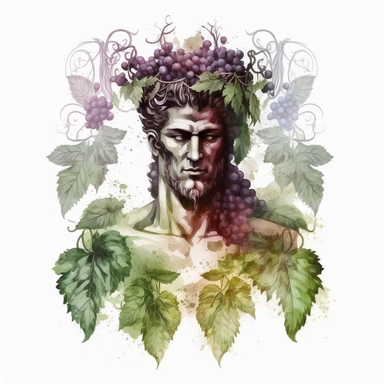 a Dionysus god with watercolor effect, grapes and vine leaf,dark colors,unrealistic,fantastic scene,suitable for digital cliparts,white background