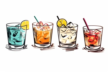 ink drawing six cocktails clipart, ink style, ink drawing, free-hand light color strokes under ink lines, vector style, prominent ink strokes, flat style, prominent line style, white background, spaced out, do not intersect images, spacing between elements, single thickness lines, no shadows, few details, only lines, only black lines, no volume, hand drawn ink drawing, elegant shapes