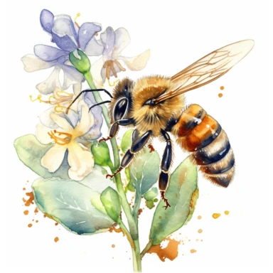 watercolor clipart, A close-up of a honey bee collecting nectar from a wildflower flower, white background