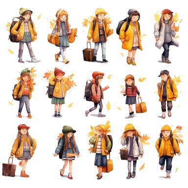 watercolor, Set of boys and girls going to elementary or middle school Happy pupils holding books surrounded by autumn leaves isolated on white. Collection of children with backpacks or bag png Full body realistic cartoon in 32K UHD cute. 15 cm thick outline. Black color. There was no shadow on the ground. 8k with realistic watercolors and detailed illustrations. PNG clipart, transparent white background
