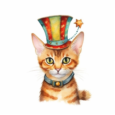 cute Abyssinian cat in circus costume watercolor illustration, in the style of watercolor illustrations,funny, energetic,ben wooten style, sharp focus throughout, aquarellist, charming illustrations, illustration, painted illustrations, transparency and opacity,isolated white background, clipart most popular on etsy, book illustration, featured on dribble,print on demand image, PNG tranparent background,composition medium shot, no text