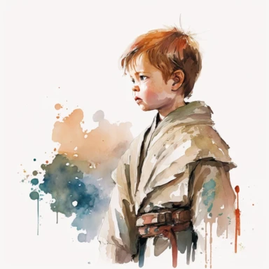 young boy obi van kenobi, star wars movie character, watercolor clipart