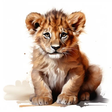 hyperrealistic ultra detailed watercolor clipart, cute baby lion, isolated on white background, in the style of digital print, clipart, illustration, sticker, ultra high definition, rich details, 32K, HD