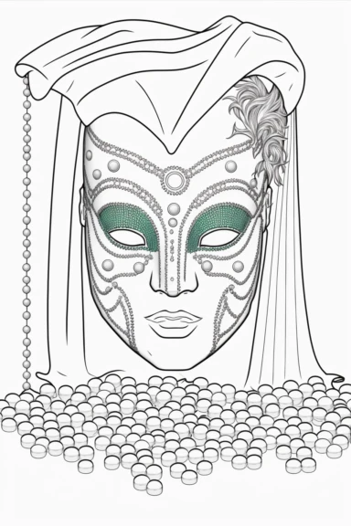 an outlined cute Mardi Gras mask on a stand surrounded by beads and coins, Coloring Book, white background, black and white, [clip art]
