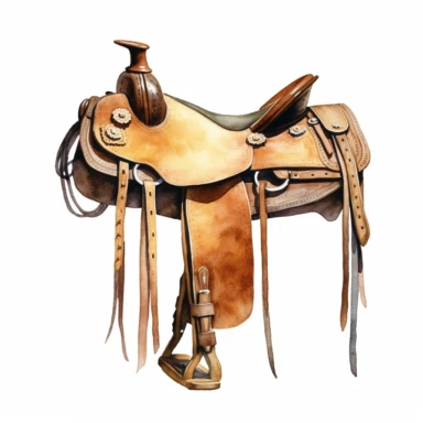 Western saddle without horse, watercolor, clipart, illustration, white background, digital painting, paper crafting, no signature, no text