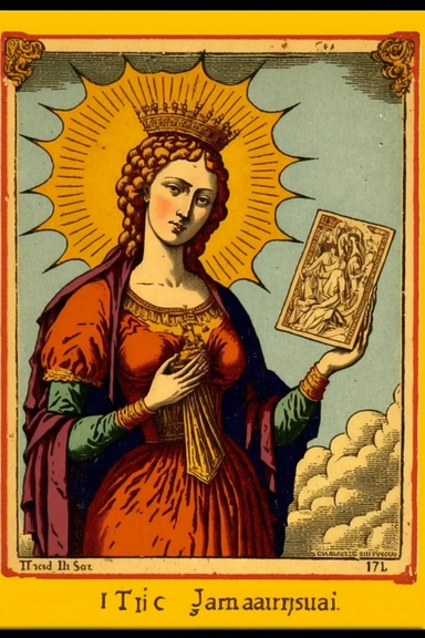 a tarot card with a woman holding a sun, a poster, by Master of the Legend of Saint Lucy, fantasy art, from the game pathologic 2, dividing it into nine quarters, two suns are in the sky, age of empires ii, h 7 6 8, old scroll, full subject shown in photo, clipart