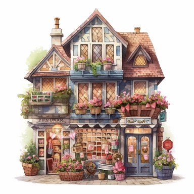 a very cute toy shop with lots of toys , clipart, exterior view, cozy, flowers, luminious, dramatic lighting, super detailed, daytime, Thomas Kinkade style, watercolor, 8k, on isolated white background