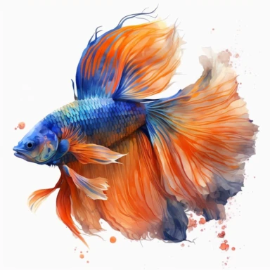 orange with blue tail betta fish, light watercolor clipart, isolated on white background, James Jean and Peter Mohrbacher, no text, no captions